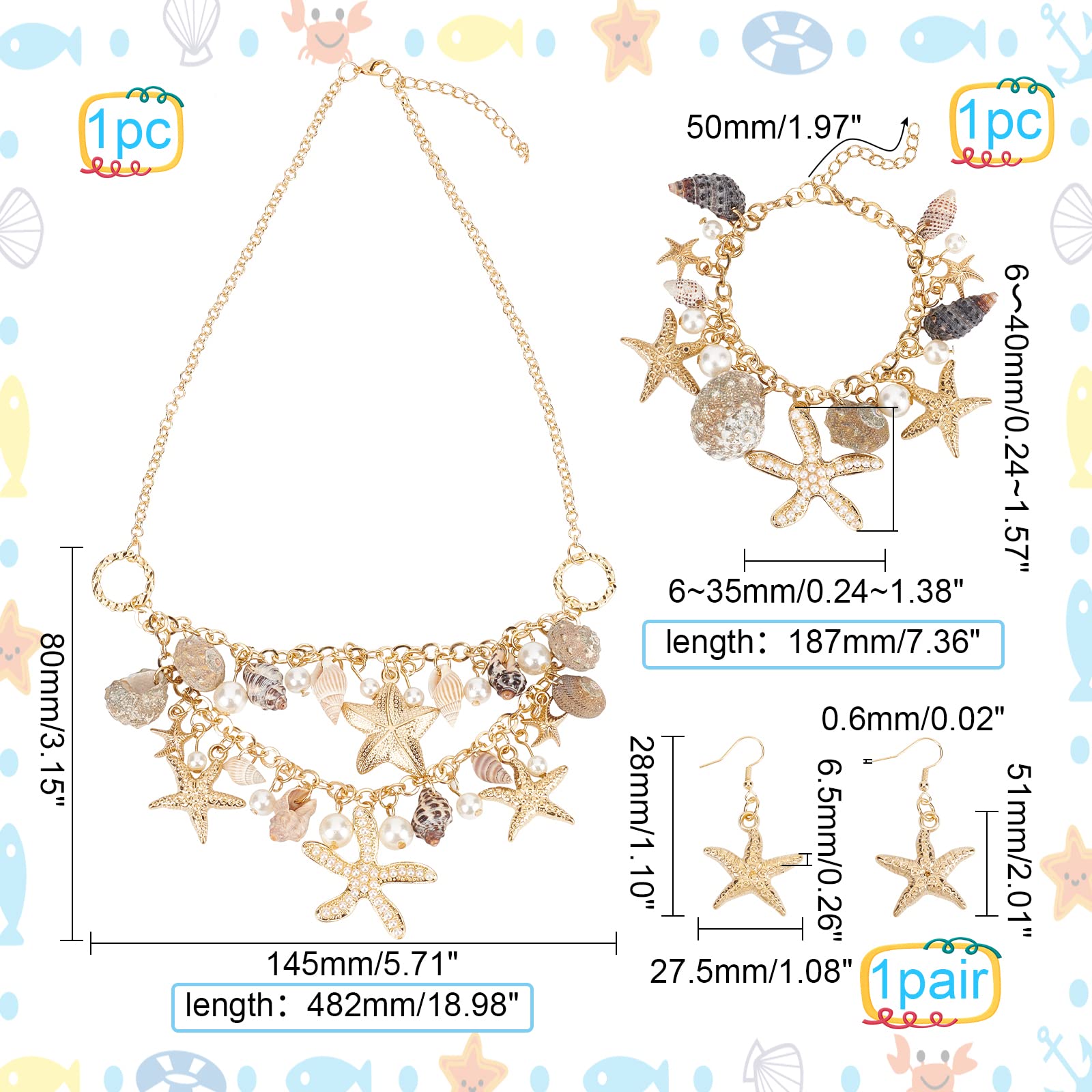 PH PandaHall 3 in 1 Mermaid Jewelry Set Sea Shell Starfish Jewelry Pearl Bib Statement Chunky Mermaid Tail Necklace Bracelets Shell Earrings Summer Mermaid Costume Jewelry for Women Valentine (Gold)