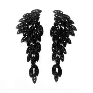 Art Deco 1920's Great Gatsby Dangle Clip On Earrings Angel Wings Statement Dangle Earrings Wedding Bridal Prom Crystal Chandelier Long Drop Earrings Beauty Pageant Drag Queen Clip On Earrings black