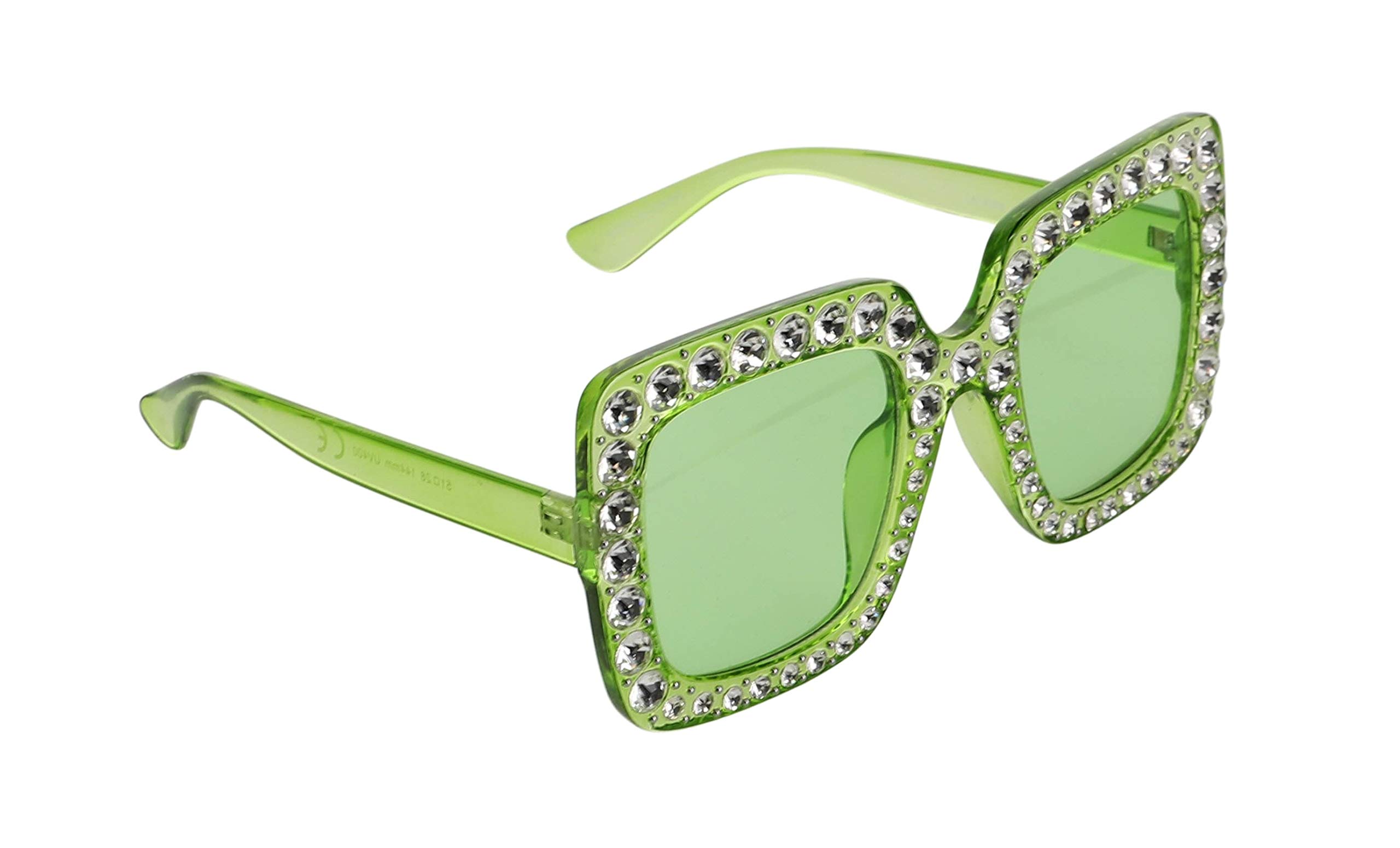 FLAWLESS Oversized Square Frame Bling Rhinestone Crystal Design Sunglasses For Women (Green)