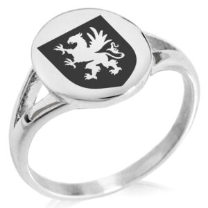 tioneer stainless steel griffin valor coat of arms shield symbol minimalist oval top polished statement ring, size 9