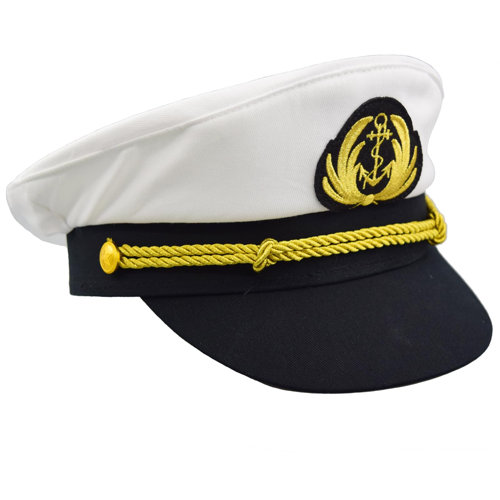 Chiclinco Admiral Captain Yacht Hat with Adjustable Snapback & Gold Embroidery Anchor Skippers Cap for Club Pub Party Costume Accessory (White 1)