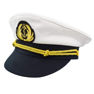 Chiclinco Admiral Captain Yacht Hat with Adjustable Snapback & Gold Embroidery Anchor Skippers Cap for Club Pub Party Costume Accessory (White 1)