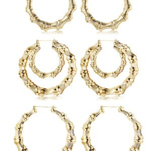 Hanpabum 3 Pairs Bamboo Earrings Large Hoop Earrings Set Gold Tone Round Statement Hip-Hop Earrings For Women (A)