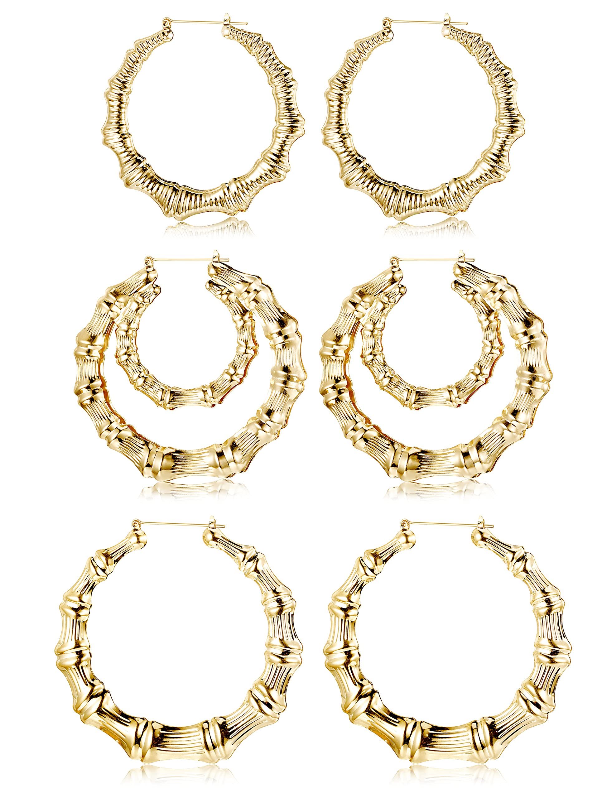 Hanpabum 3 Pairs Bamboo Earrings Large Hoop Earrings Set Gold Tone Round Statement Hip-Hop Earrings For Women (A)