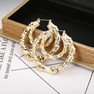 Hanpabum 3 Pairs Bamboo Earrings Large Hoop Earrings Set Gold Tone Round Statement Hip-Hop Earrings For Women (A)