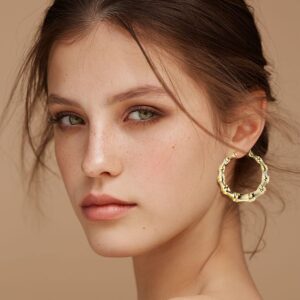 Hanpabum 3 Pairs Bamboo Earrings Large Hoop Earrings Set Gold Tone Round Statement Hip-Hop Earrings For Women (A)