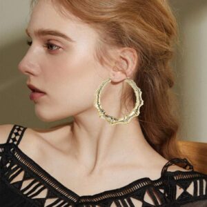 Hanpabum 3 Pairs Bamboo Earrings Large Hoop Earrings Set Gold Tone Round Statement Hip-Hop Earrings For Women (A)