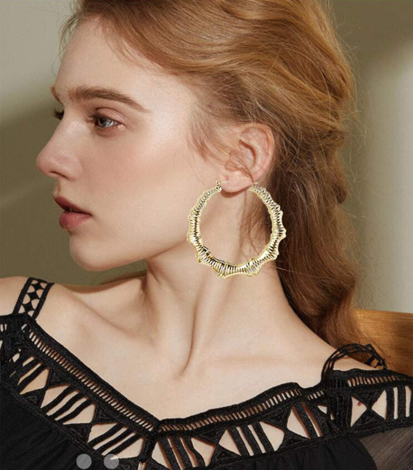 Hanpabum 3 Pairs Bamboo Earrings Large Hoop Earrings Set Gold Tone Round Statement Hip-Hop Earrings For Women (A)