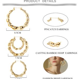 Hanpabum 3 Pairs Bamboo Earrings Large Hoop Earrings Set Gold Tone Round Statement Hip-Hop Earrings For Women (A)