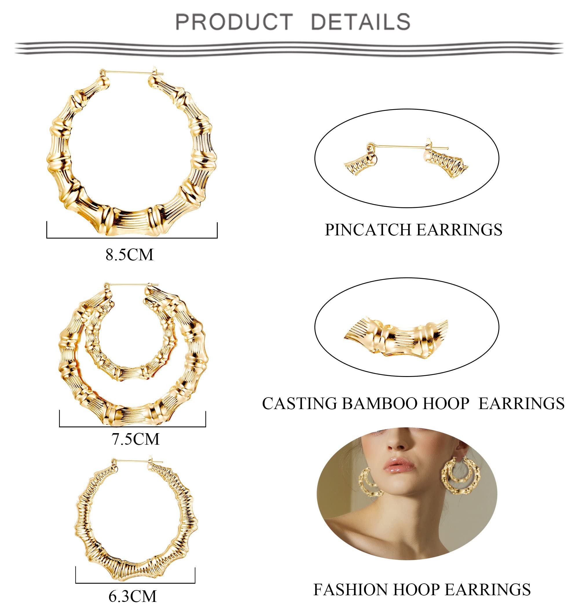 Hanpabum 3 Pairs Bamboo Earrings Large Hoop Earrings Set Gold Tone Round Statement Hip-Hop Earrings For Women (A)