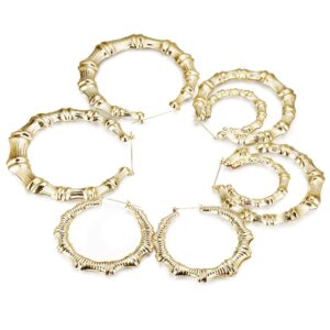 Hanpabum 3 Pairs Bamboo Earrings Large Hoop Earrings Set Gold Tone Round Statement Hip-Hop Earrings For Women (A)