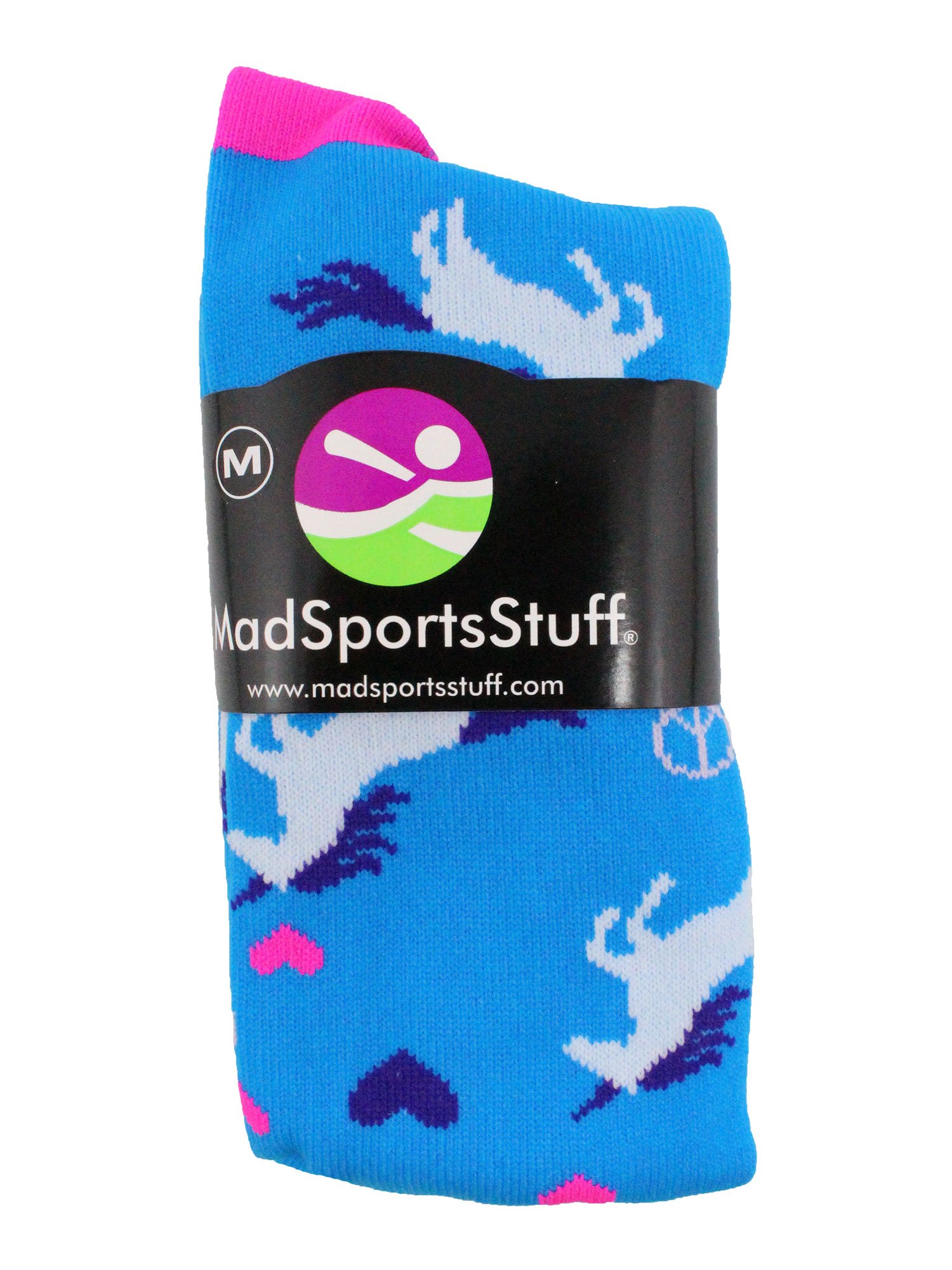 MadSportsStuff Peace Love Unicorn Over the Calf Socks (Electric Blue/Neon Pink, Small)