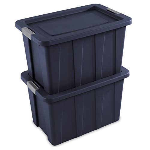 Sterilite 30 Gal Latching Tuff1 Storage Tote, Stackable Bin with Latch Lid, Plastic Container to Organize Garage, Basement, Blue Base and Lid, 4-Pack