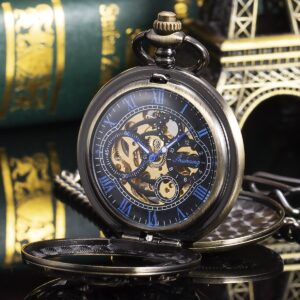 ManChDa Mens Antique Skeleton Mechanical Pocket Watch Dragon Hollow Hunter with Chain and Box