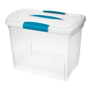 sterilite large nesting showoffs, stackable small storage bin with latching lid and handle, plastic container to organize office files, clear, 18-pack