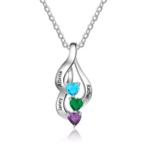 Personalized Sterling Silver 3 Heart Simulated Birthstone Mothers Pendant Necklace with Names Engraved Pendant Family Necklace for Women (3 Names)