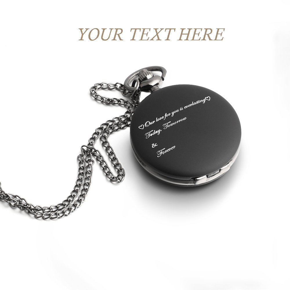 Godchoices Personalized Pocket Watch Custom Photo Pocket Watch with Chain for Men/Women Engraved with Any Words, A Great Gift for Father and Boyfriend. (Black)