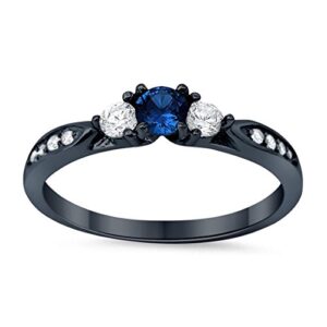 3-Stone Wedding Engagement Ring Simulated Blue Sapphire Round Cubic Zirconia Three Stone Black Tone 925 Sterling Silver, Size-9