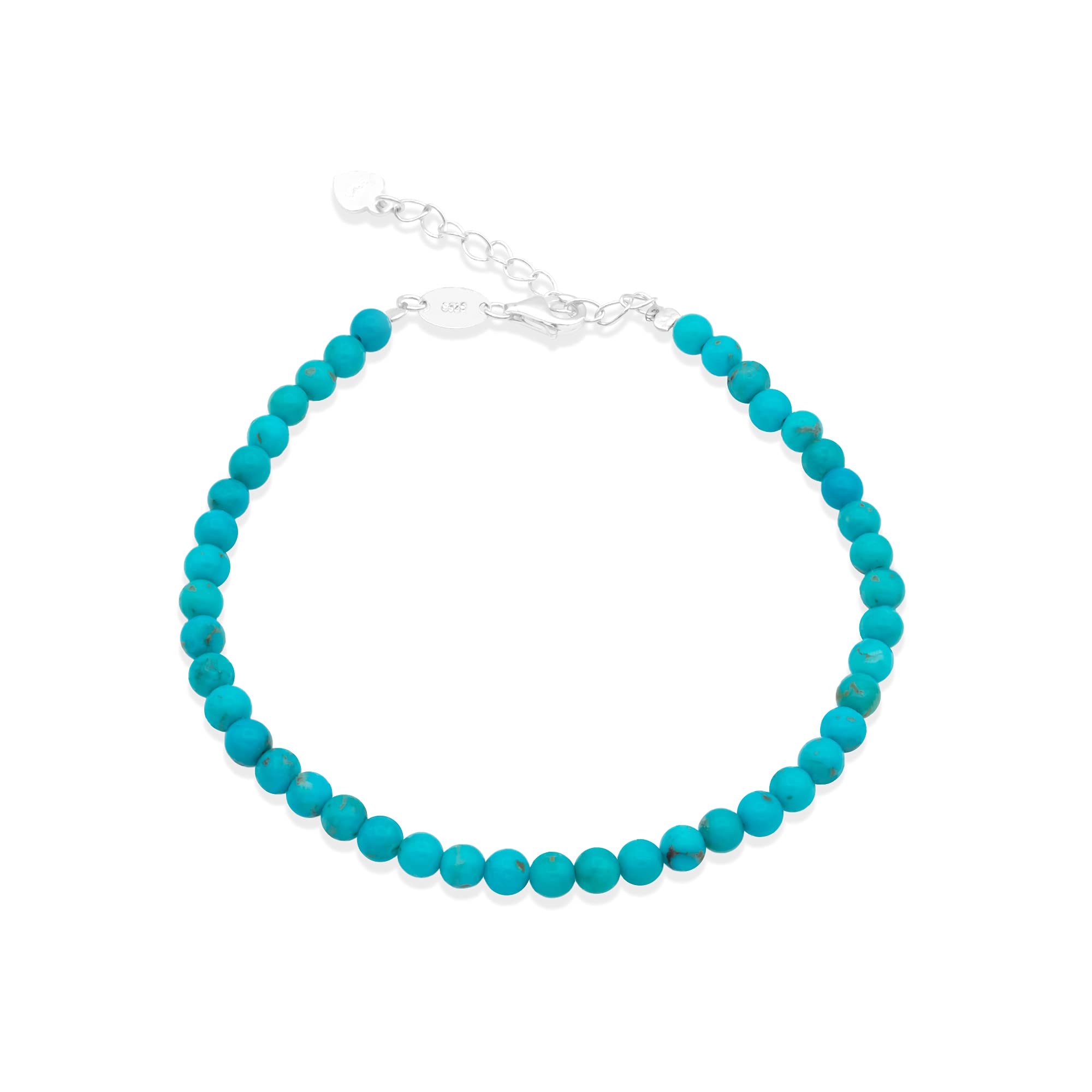 BLUEJOY “Elegance & Love” Natural Sleeping Beauty Turquoise Gemstone Dainty Round Bead Bracelet in Sterling Silver for Women