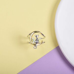 SILVERCUTE Cat Jewelry Set 925 Sterling Silver Gold Plated Cat on the Moon Stud Earrings Necklace Stacking Ring for Women