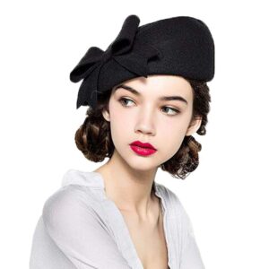 F FADVES 100% Wool Beanie Hat French Dress Beret Winter Hat Vintage Fascinator Hats Black