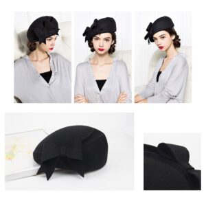 F FADVES 100% Wool Beanie Hat French Dress Beret Winter Hat Vintage Fascinator Hats Black