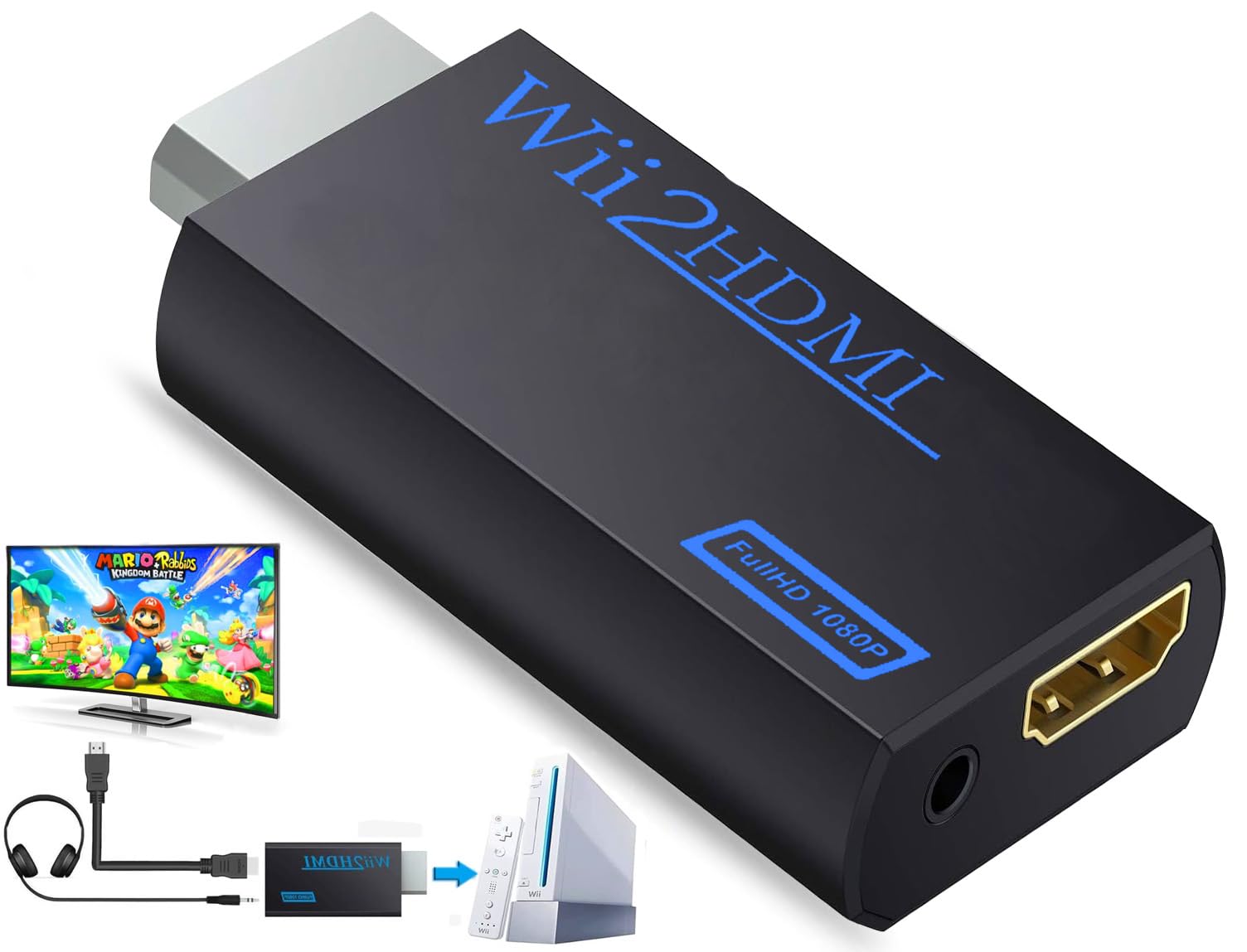 sartyee Wii Hdmi Converter Adapter, Wii 2 to Hdmi 1080P Connector Output Video 3.5mm Audio - Supports All Wii Display Modes, Black