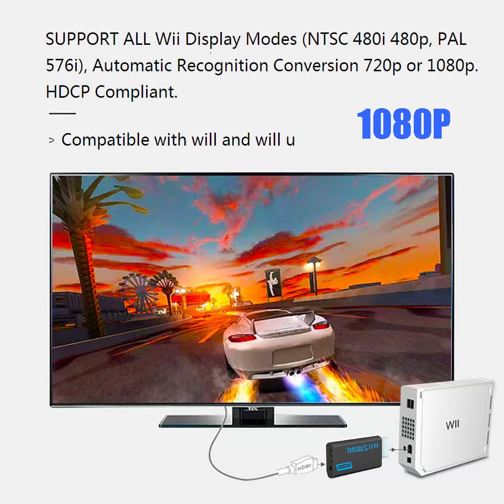 sartyee Wii Hdmi Converter Adapter, Wii 2 to Hdmi 1080P Connector Output Video 3.5mm Audio - Supports All Wii Display Modes, Black