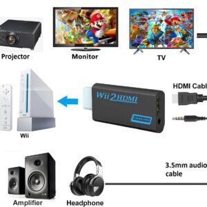 sartyee Wii Hdmi Converter Adapter, Wii 2 to Hdmi 1080P Connector Output Video 3.5mm Audio - Supports All Wii Display Modes, Black