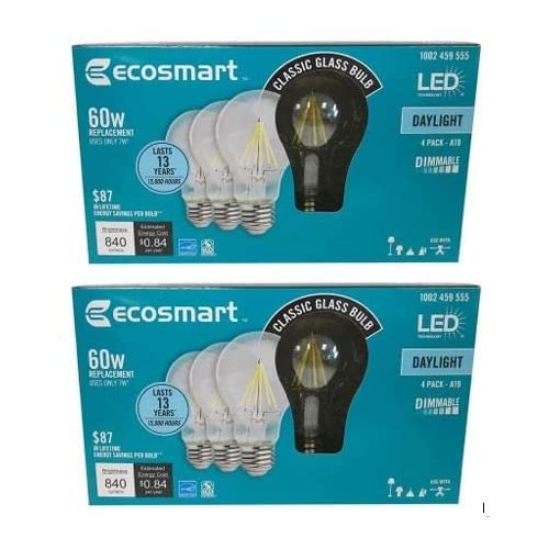 EcoSmart 60-Watt Equivalent A19 Dimmable Clear Filament Vintage Style LED Light Bulb, Daylight (8-Pack)