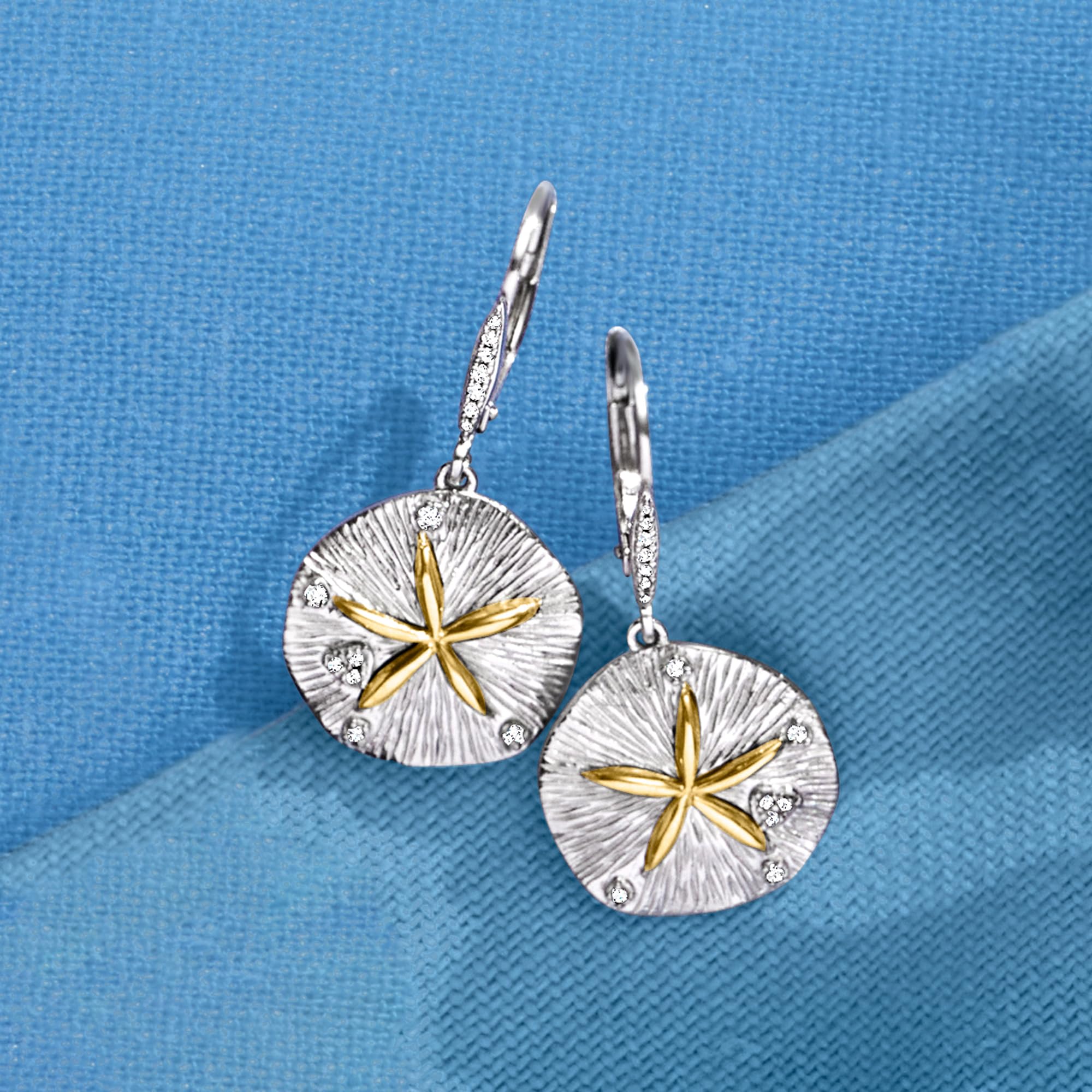 Ross-Simons Sterling Silver and 14kt Gold Sand Dollar Drop Earrings With .10 ct. t.w. Diamonds