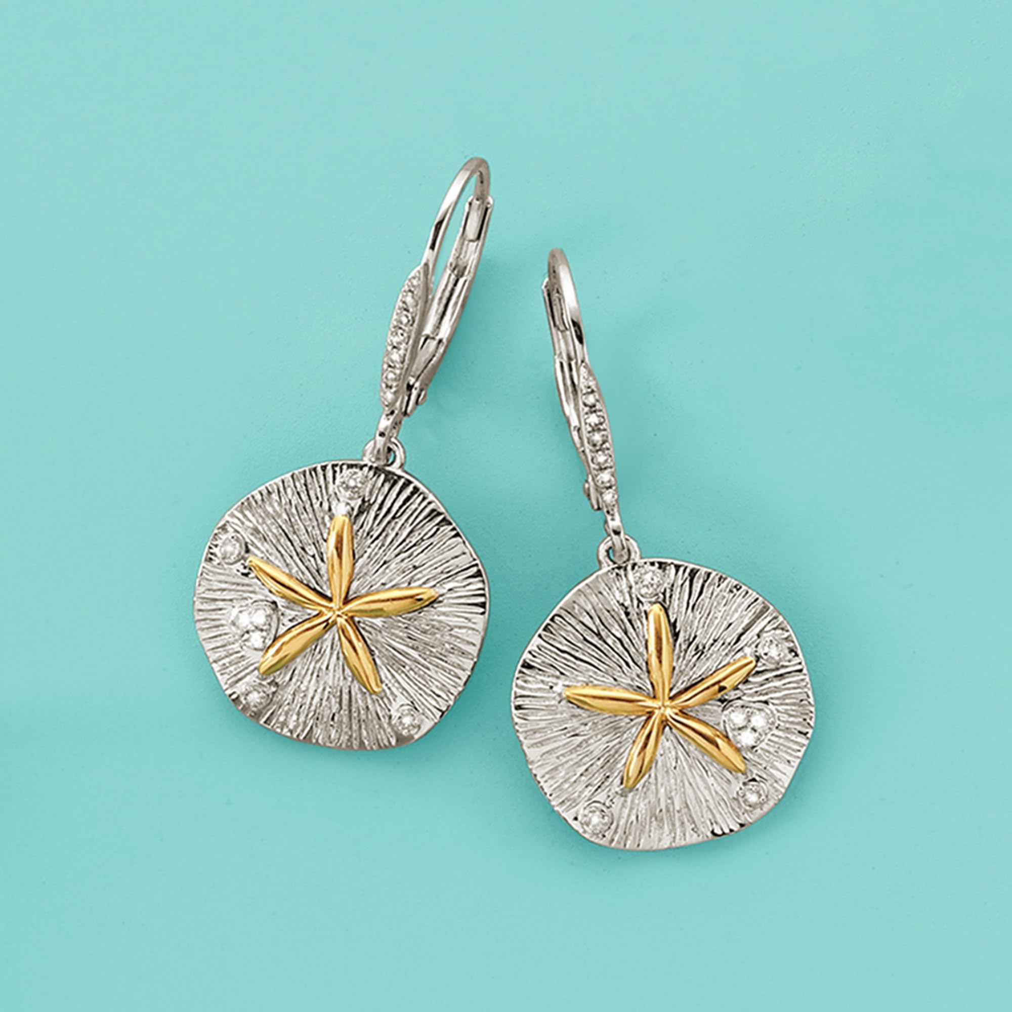 Ross-Simons Sterling Silver and 14kt Gold Sand Dollar Drop Earrings With .10 ct. t.w. Diamonds