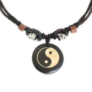 Surfer Cord Necklace With Ying Yang Carved Bone Pendant - Fully Adjustable - Black & Brown Cord