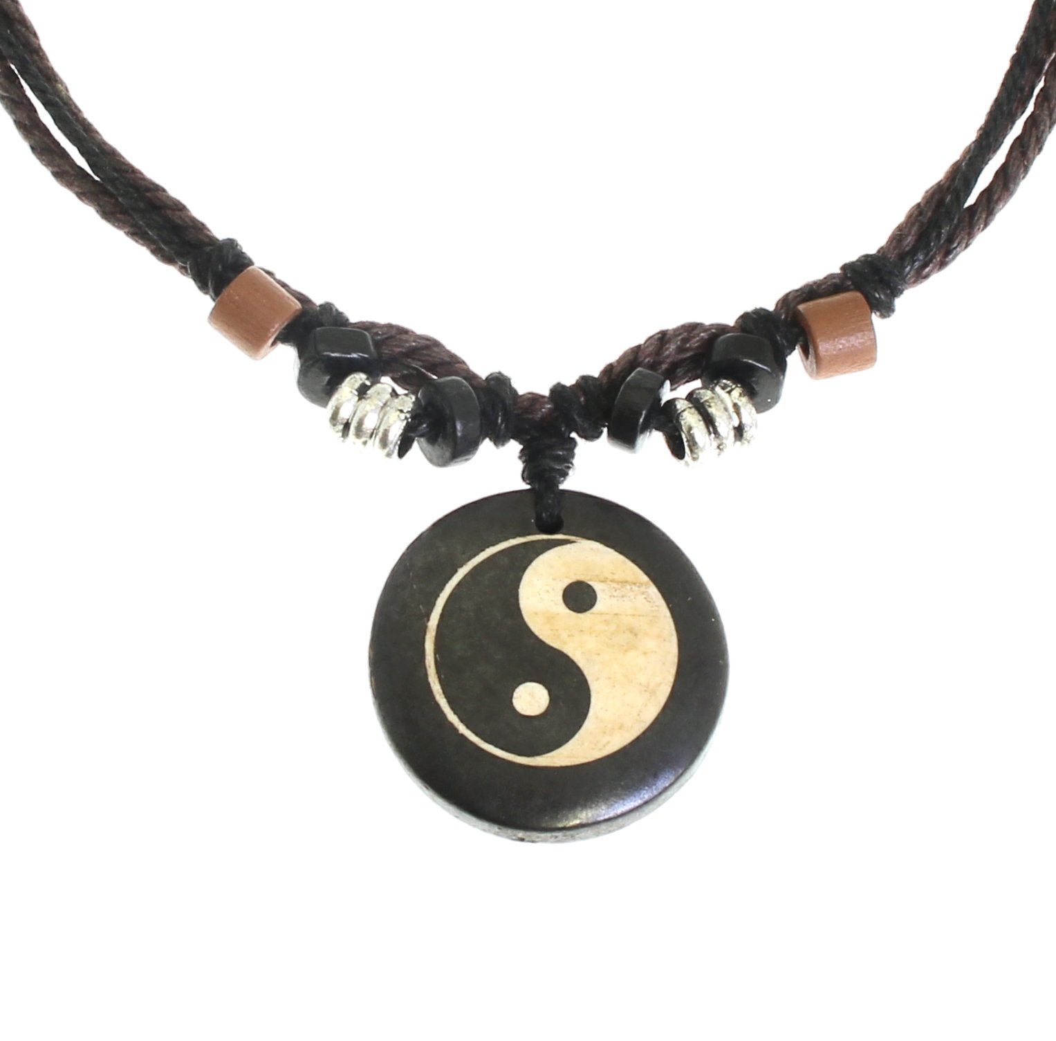 Surfer Cord Necklace With Ying Yang Carved Bone Pendant - Fully Adjustable - Black & Brown Cord