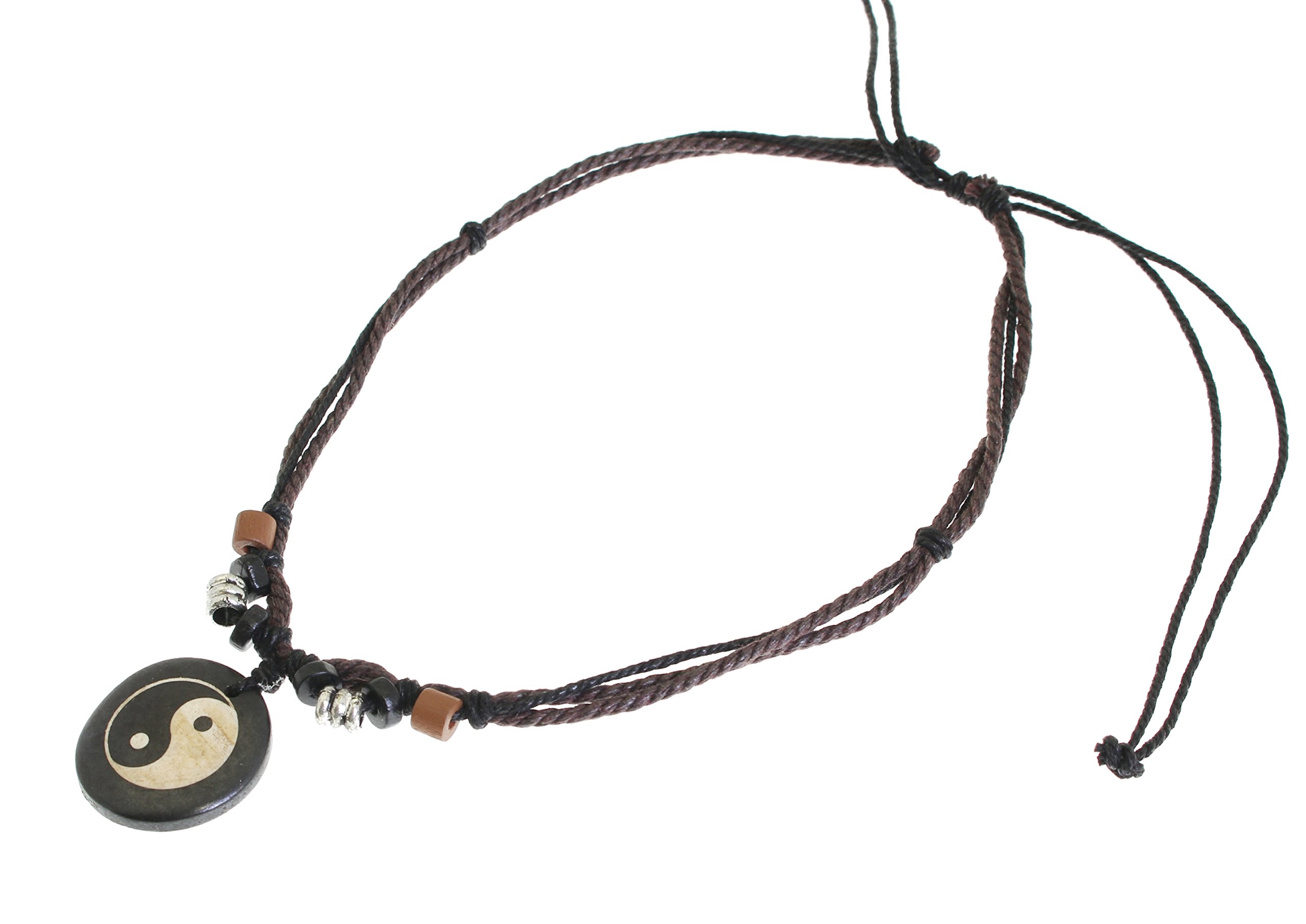 Surfer Cord Necklace With Ying Yang Carved Bone Pendant - Fully Adjustable - Black & Brown Cord