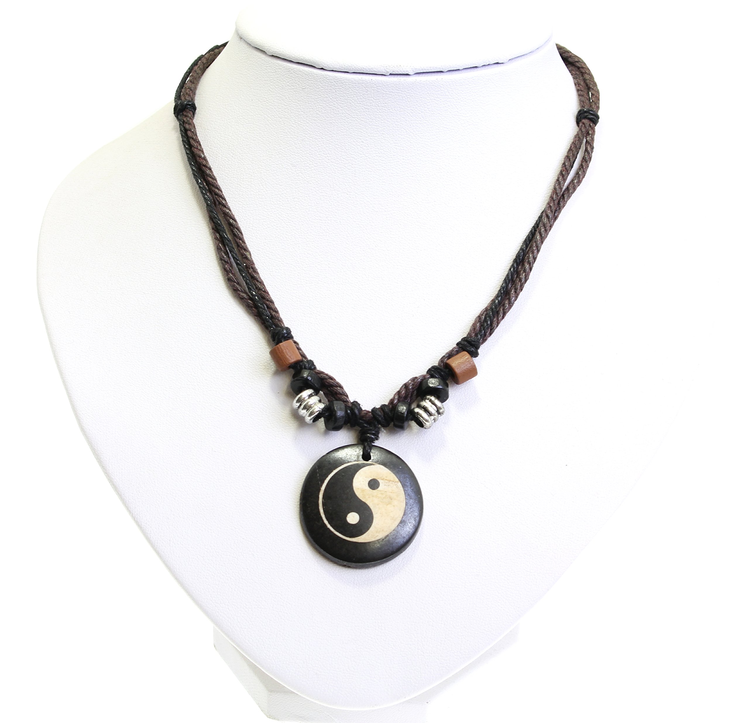 Surfer Cord Necklace With Ying Yang Carved Bone Pendant - Fully Adjustable - Black & Brown Cord