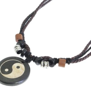 Surfer Cord Necklace With Ying Yang Carved Bone Pendant - Fully Adjustable - Black & Brown Cord