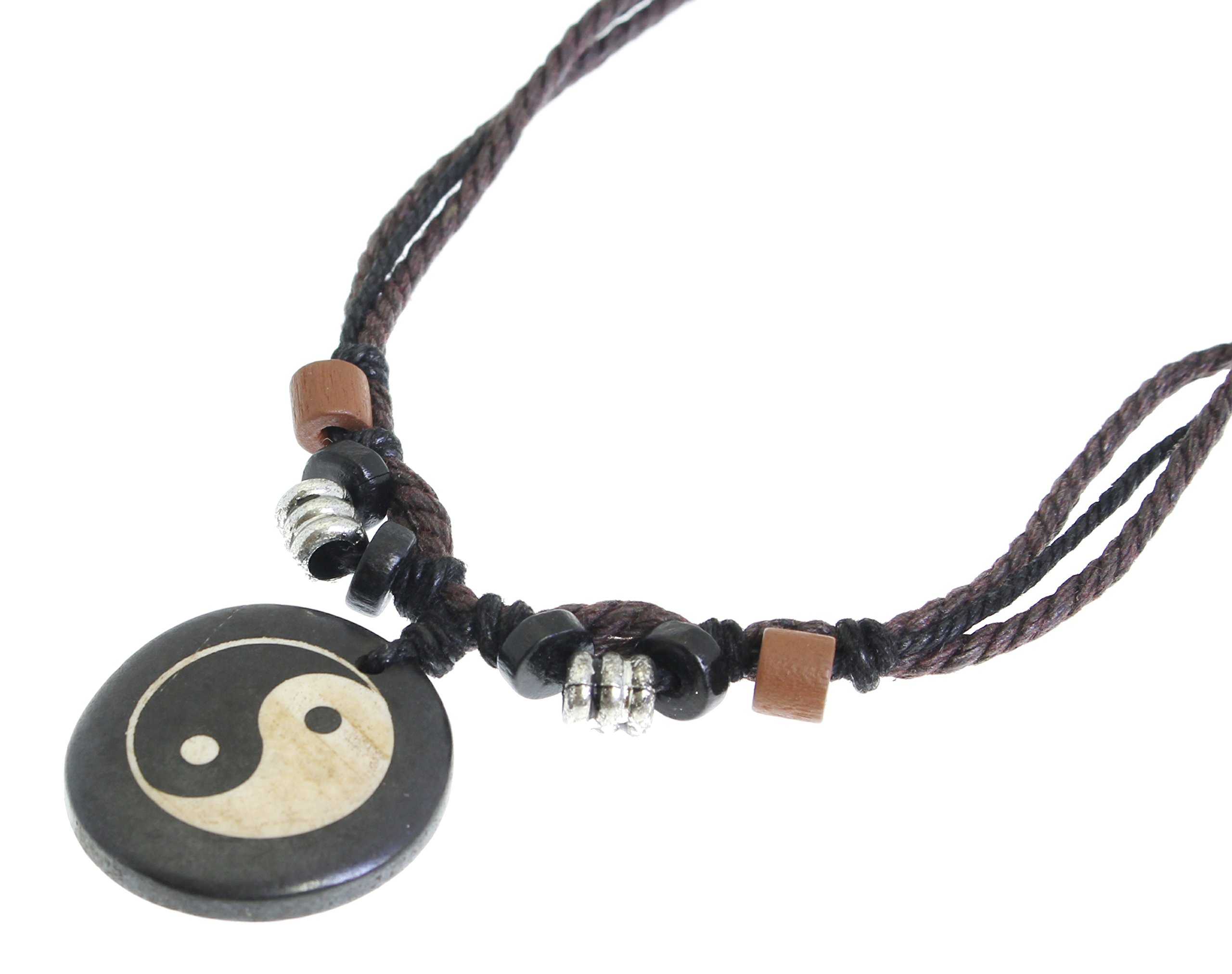 Surfer Cord Necklace With Ying Yang Carved Bone Pendant - Fully Adjustable - Black & Brown Cord