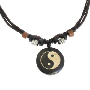 Surfer Cord Necklace With Ying Yang Carved Bone Pendant - Fully Adjustable - Black & Brown Cord