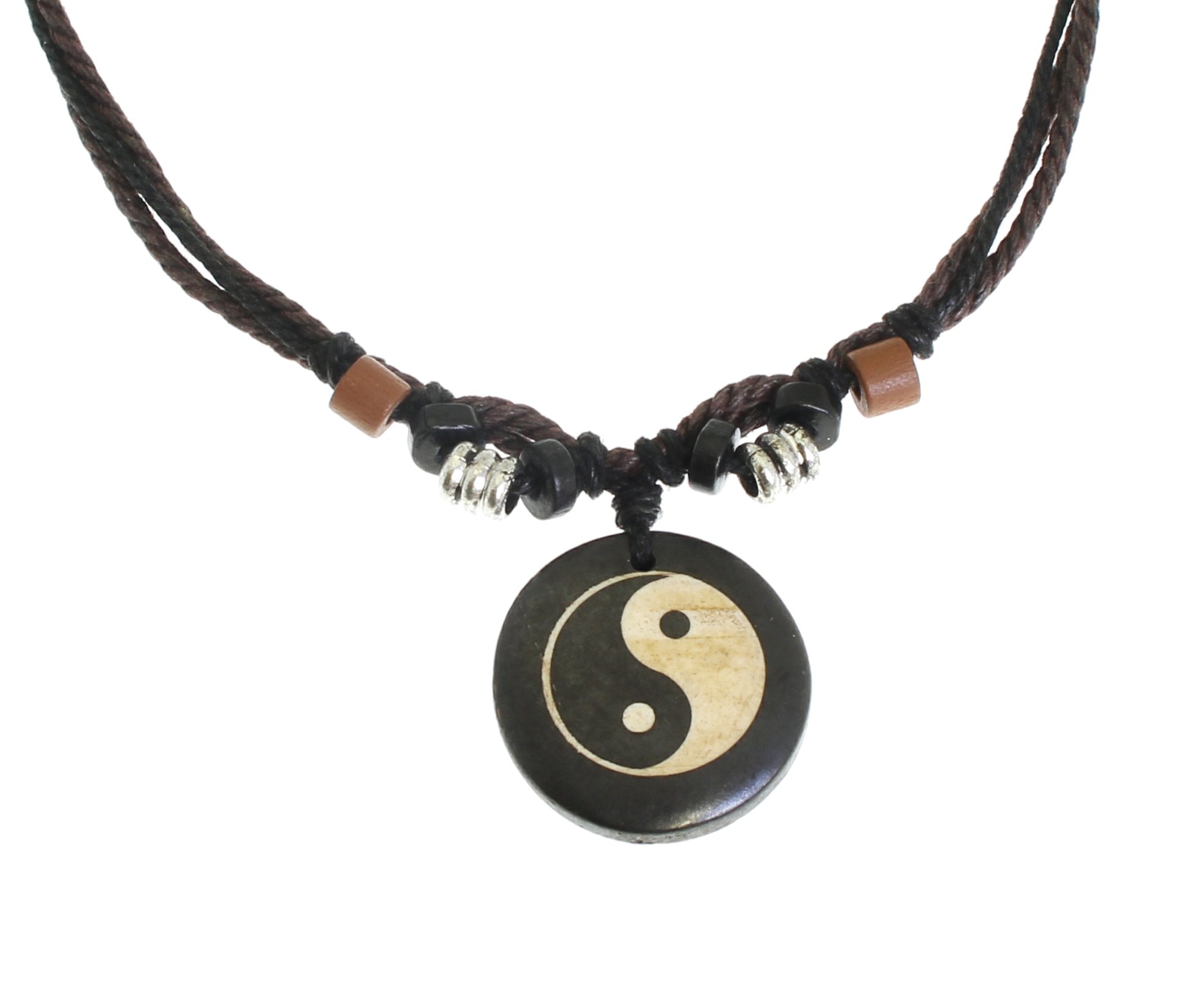 Surfer Cord Necklace With Ying Yang Carved Bone Pendant - Fully Adjustable - Black & Brown Cord