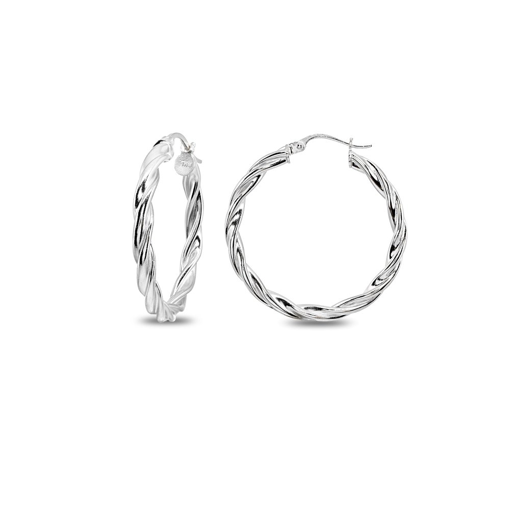 Sterling Silver 3x25mm Twist Round Small Hoop Earrings for Women, 1 Inch