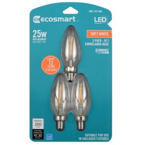 ecosmart 25-watt equivalent b11 e12 base dimmable clear filament vintage style led light bulb, soft white (3-pack)