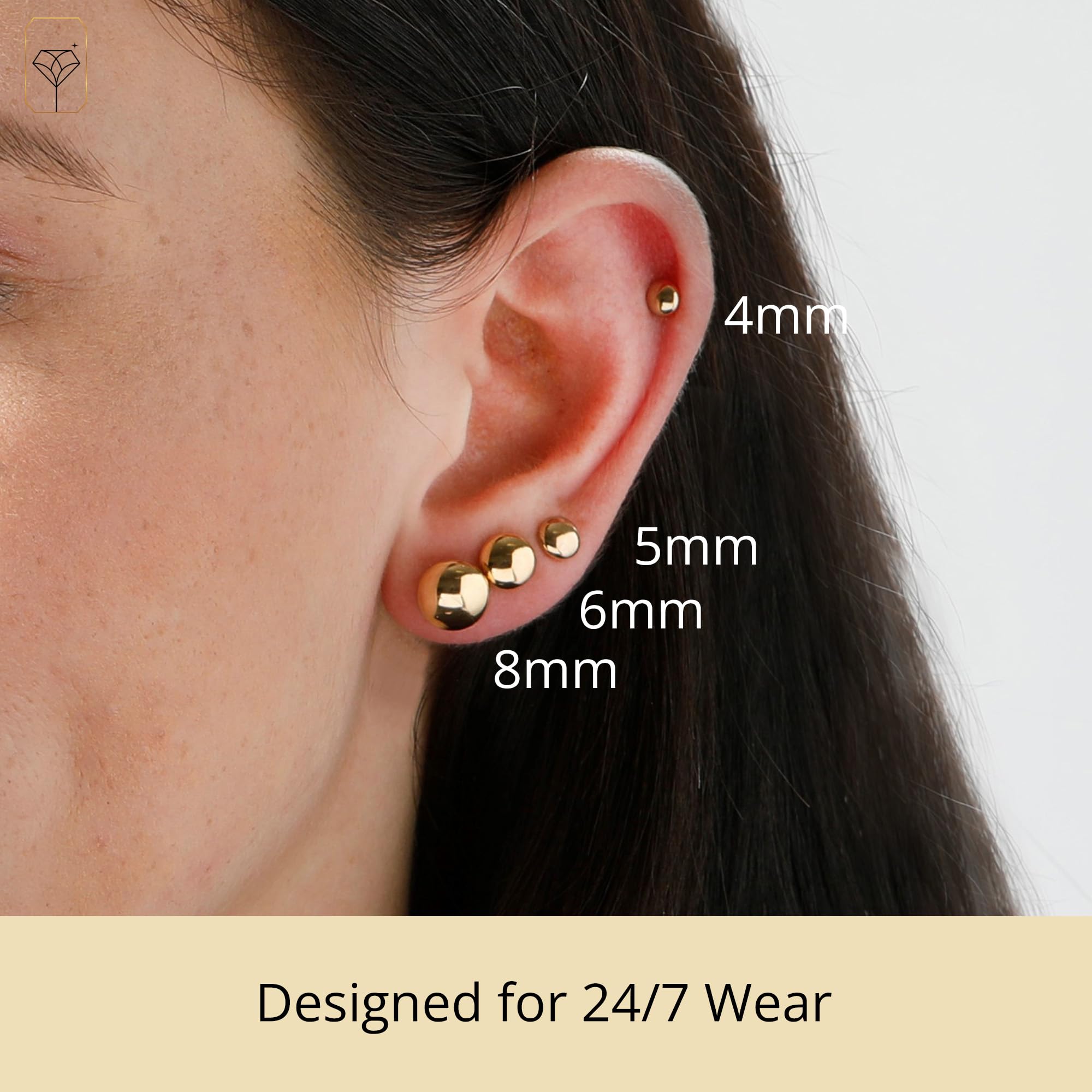 MAX + STONE Yellow Large Gold Ball Earrings for Women 14k Real Gold | 14k Gold Stud Earrings for Women Men | 6MM Real Gold Post Earrings | Half Button Earrings