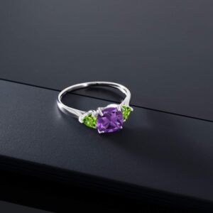 Gem Stone King 10K White Gold Purple Amethyst and Green Peridot 3-Stone Engagement Ring For Women (1.92 Cttw, 7MM Cushion and 4MM Trillion, Available In Size 5, 6, 7, 8, 9)