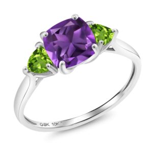 Gem Stone King 10K White Gold Purple Amethyst and Green Peridot 3-Stone Engagement Ring For Women (1.92 Cttw, 7MM Cushion and 4MM Trillion, Available In Size 5, 6, 7, 8, 9)