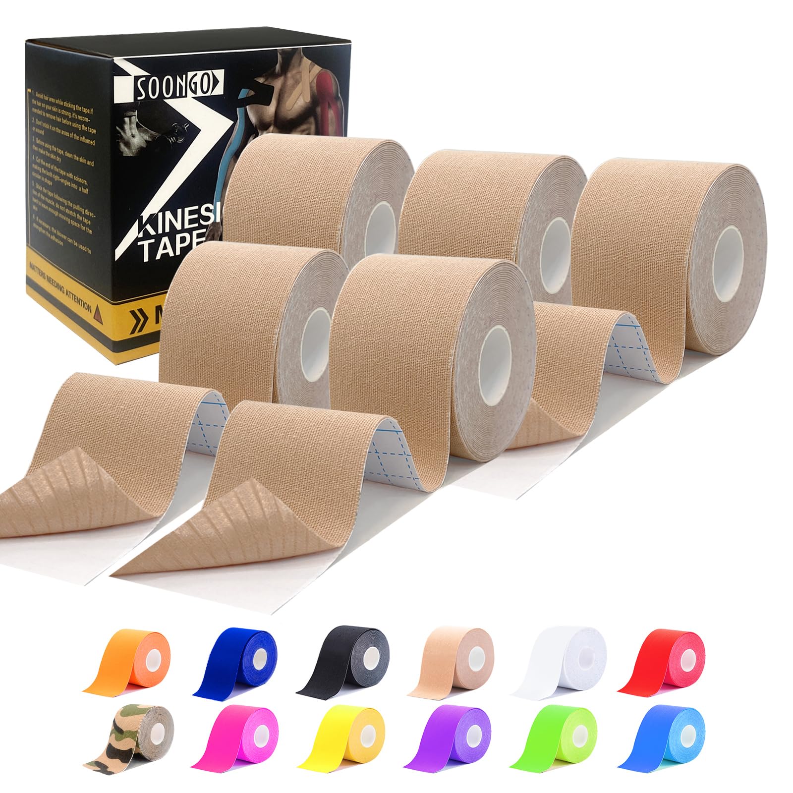 Kinesiology Tape 5 Rolls Physio Relieve Muscle Soreness and Strain Shoulders Wrists Knees Ankles Elastic Waterproof Good Air Permeability Hypoallergenic 5 Rolls 2 inch x 16 Foot Beige by SOONGO