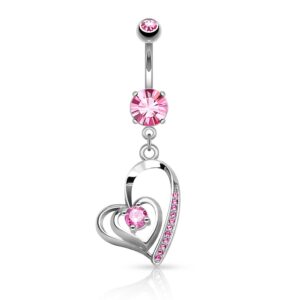 pierced owl 14ga cz crystal center double heart dangling belly button ring (silver tone/pink)