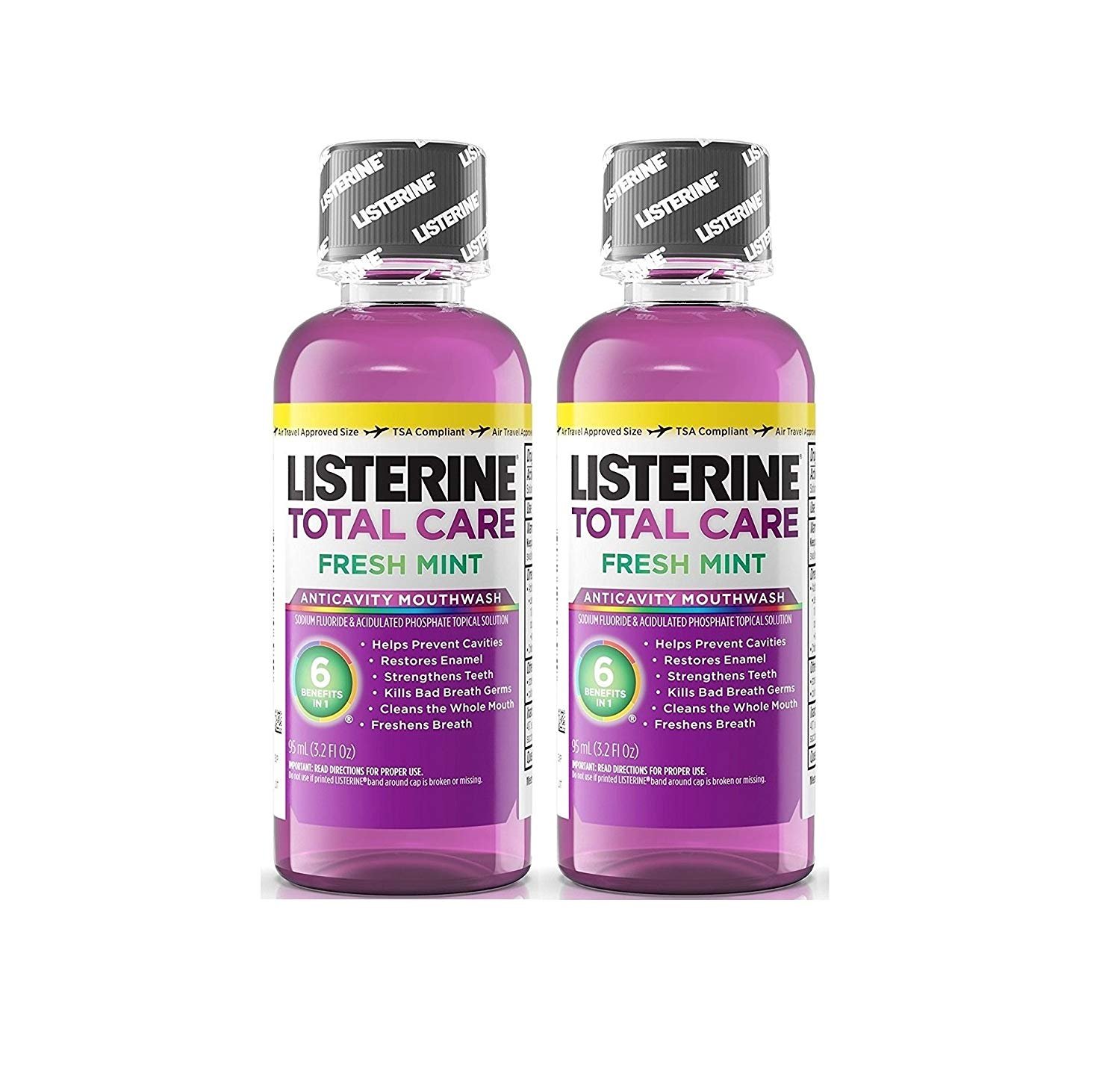 Listerine Total Care Fresh Mint Antiseptic Mouthwash, Travel Size 3.2 Ounces (95ml) - Pack of 2