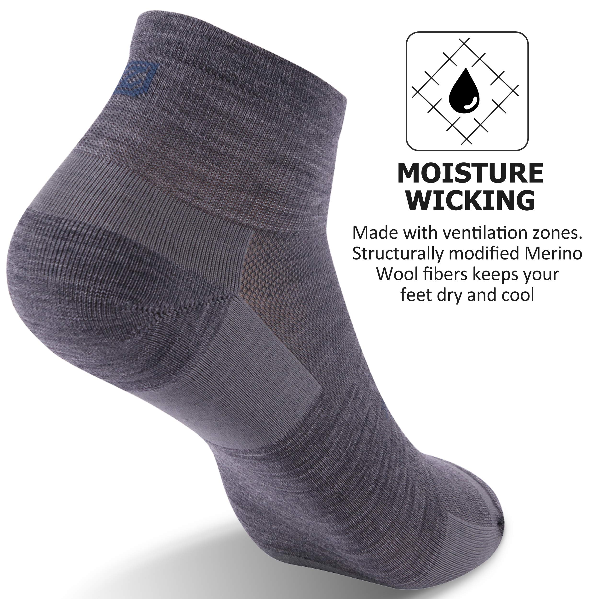 Ankle Athletic Socks ZEALWOOD Unisex Merino Wool Socks No Show Running Socks Womens Mens Hiking Socks Women Men Moisture Wicking Summer Low Cut Wool Socks Ultra-Light Tennis Golf Socks 3 Pairs Grey L