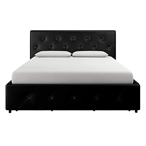 DHP Dakota Upholstered Platform Bed with Underbed Storage Drawers and Diamond Button Tufted Headboard and Footboard, No Box Spring Needed, Queen, Black Faux Leather